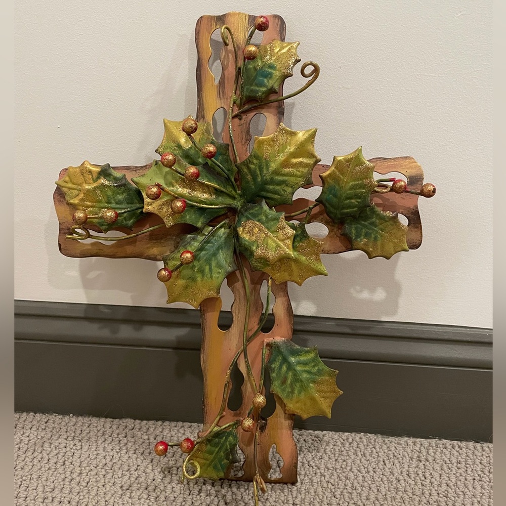 Decorative Holiday Cross with Holly Leaves and Berries